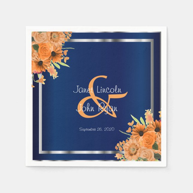 Pretty Orange Flowers on Navy Blue Paper Napkins (Front)