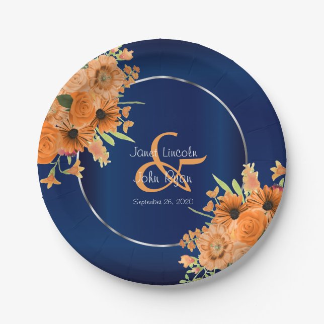 Pretty Orange Flowers on Navy Blue Paper Plates (Front)