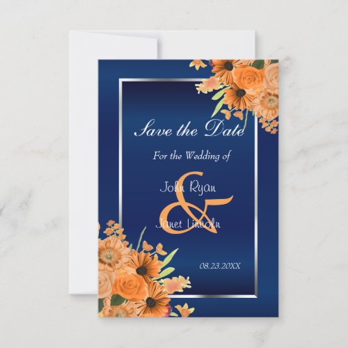 Pretty Orange Flowers on Navy Blue Save The Date