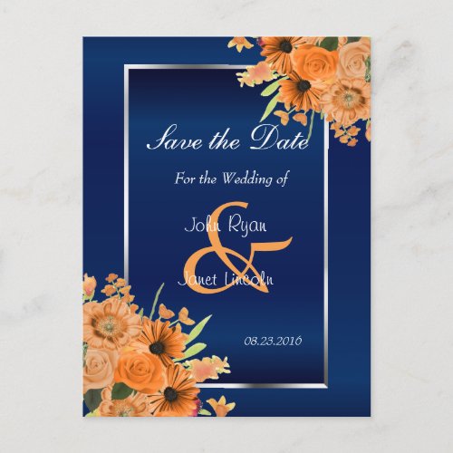 Pretty Orange Flowers on Navy Blue_ Save The Date Announcement Postcard