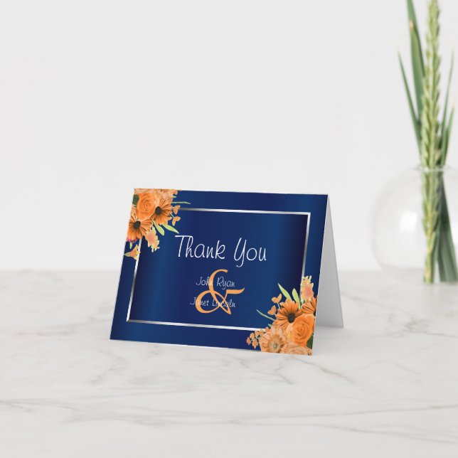 Pretty Orange Flowers on Navy Blue  - Thank You (Front)