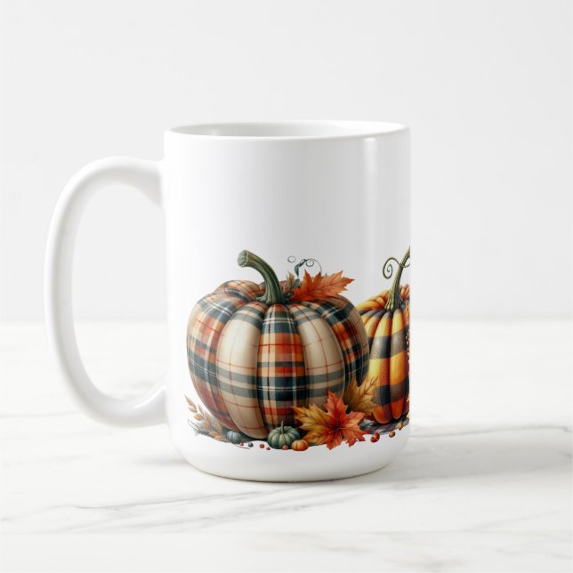 PRETTY ORANGE & GREEN PLAID FALL PUMPKINS COFFEE MUG (Left)