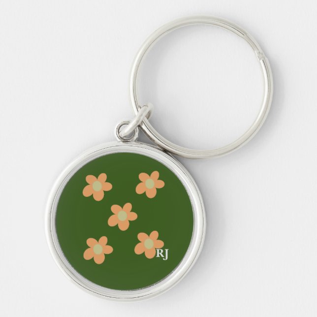 Pretty Orange Happy Flowers +Custom Initial Olive Keychain (Front)