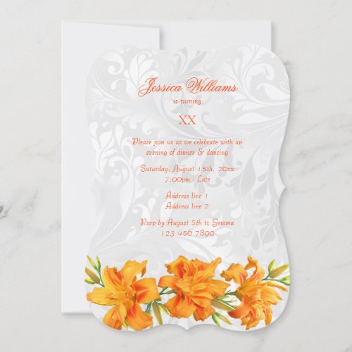Pretty Orange Lilies  Damask Birthday Party Invitation