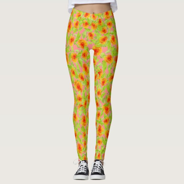 Pretty Orange Marigold Floral Pattern to Customize Leggings (Front)
