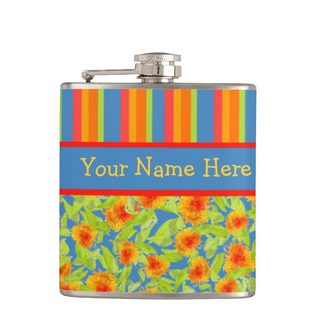 Pretty Orange Marigolds and Stripes Hip Flask (Front)