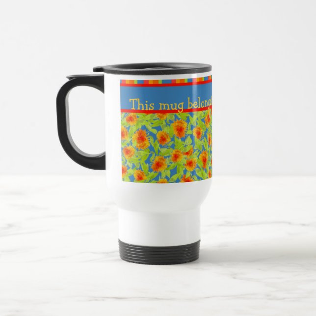 Pretty Orange Marigolds and Stripes Travel Mug (Left)