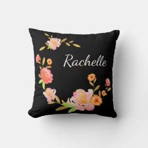 Pretty Orange & Pink Floral Monogrammed Throw Pillow