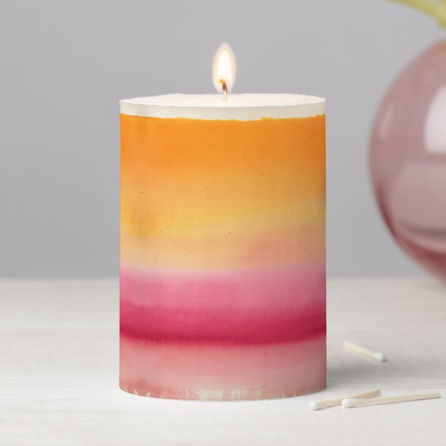 Pretty Orange Pink Watercolor Pillar Candle (In Situ)
