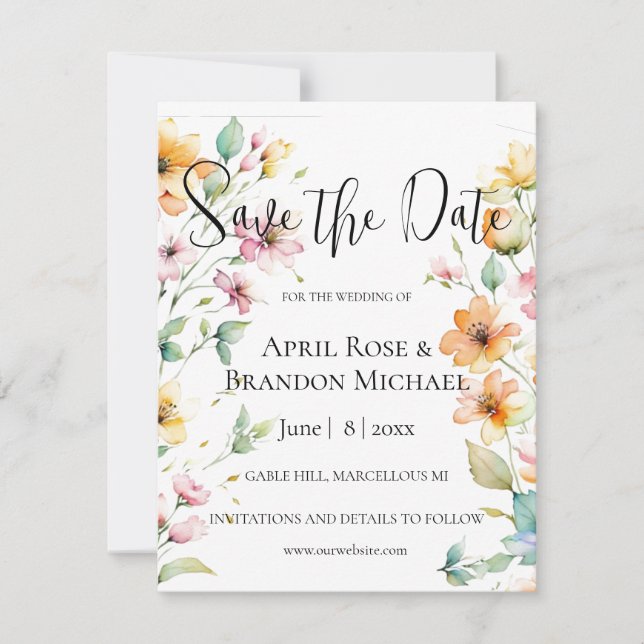 Pretty Orange Pink Watercolor Wildflowers  Save The Date (Front)