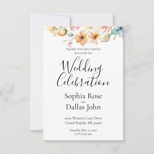 Pretty Orange Pink Watercolor Wildflowers Wedding Invitation (Front)