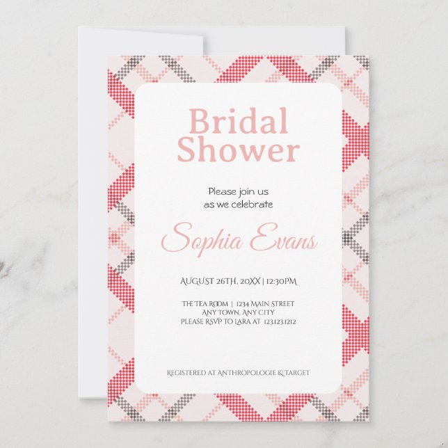 Pretty Orange Plaid Border White Bridal Shower Invitation (Front)