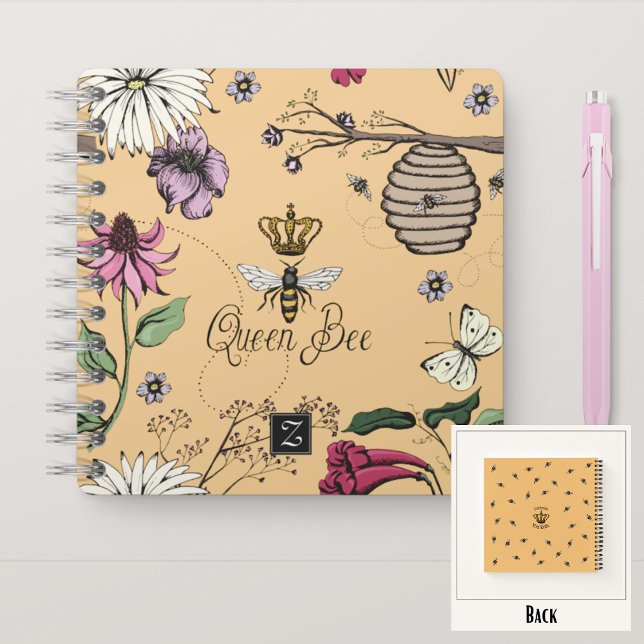 Pretty Orange Queen Bee & Crown Floral Monogram Notebook (Royal Queen Bee Hand-Drawn Design & Monogram
On the Back: Pattern & Editable "Mommy You Rule" Text)