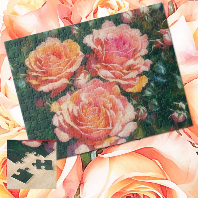 Pretty Orange Roses Flower Garden Puzzle (Pretty peachy pink rose garden jigsaw puzzle.)