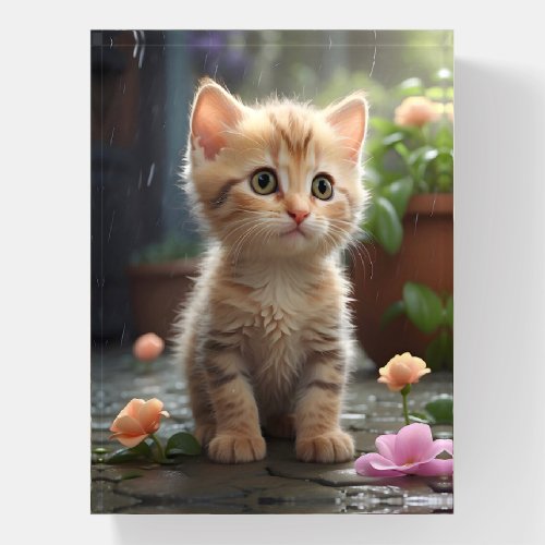 Pretty Orange Tabby Cat Sitting Among Flowers  Paperweight