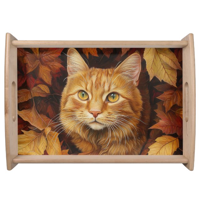 PRETTY ORANGE TABBY CAT WITH FALL LEAVES SERVING TRAY (Front)