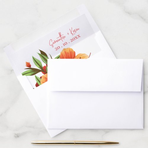 Pretty Orange Watercolor Floral Wedding Envelope Liner
