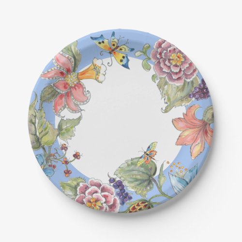 Pretty Oriental Floral Blue Chinoiserie Watercolor Paper Plates