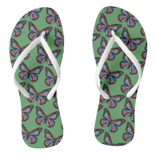 Pretty Ornate Colorful Butterfly Pattern on Green Flip Flops