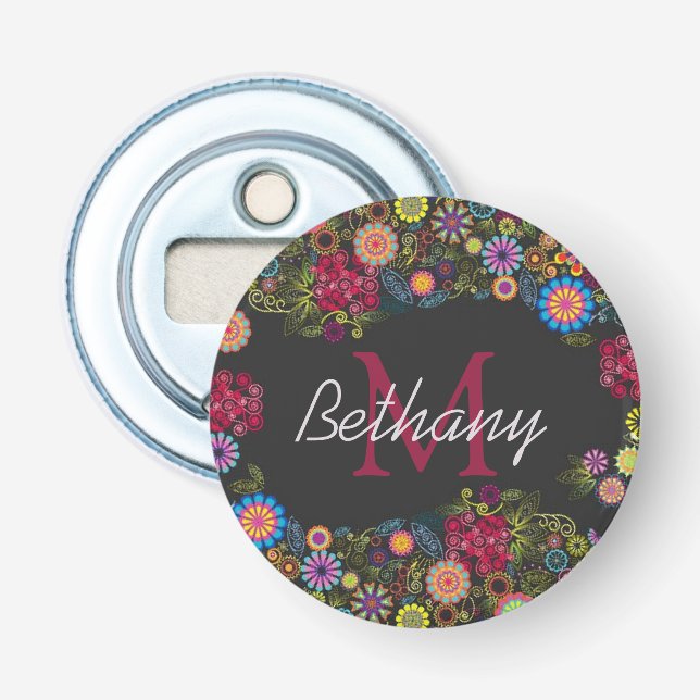 Pretty Ornate Dark Floral Pattern Personalised Bottle Opener (Front)