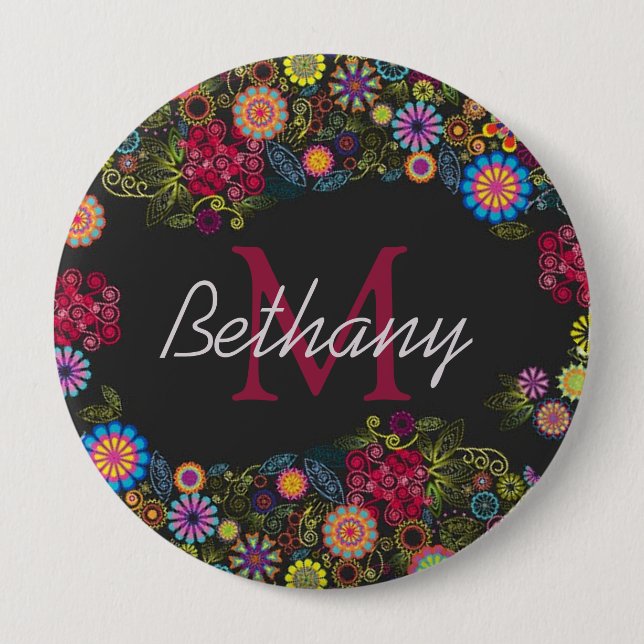 Pretty Ornate Dark Floral Pattern Personalised Button (Front)