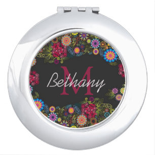Pretty Ornate Dark Floral Pattern Personalised Compact Mirror