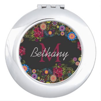 Pretty Ornate Dark Floral Pattern Personalised Compact Mirror by LouiseBDesigns at Zazzle