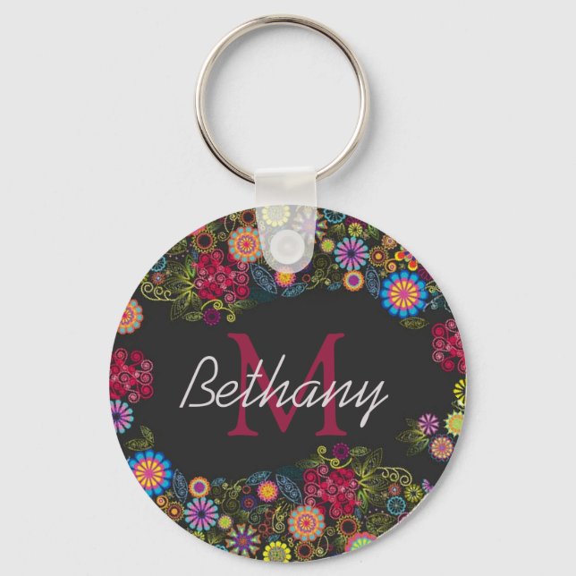 Pretty Ornate Dark Floral Pattern Personalised Keychain (Front)