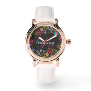 Pretty Ornate Dark Floral Pattern Personalised Watch