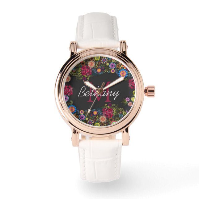 Pretty Ornate Dark Floral Pattern Personalised Watch (Front)