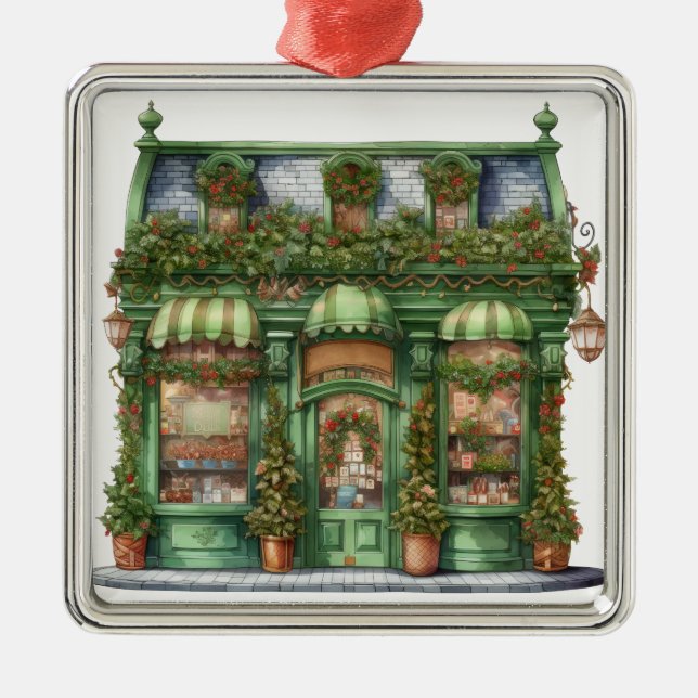 PRETTY ORNATE HOLIDAY CHRISTMAS STOREFRONT METAL ORNAMENT (Front)