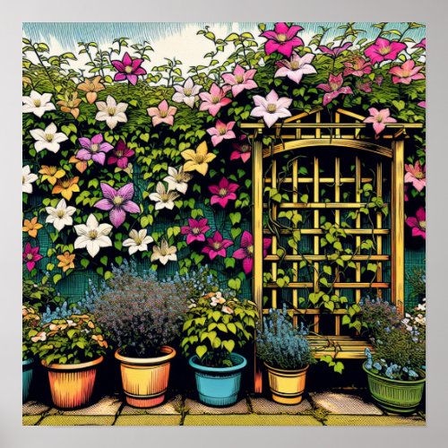 Pretty Outdoor Trellis and Pots of Plants Poster