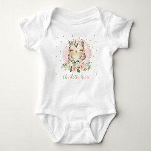 Pretty Owl Baby Girl Watercolor Blush Pink Floral Baby Bodysuit