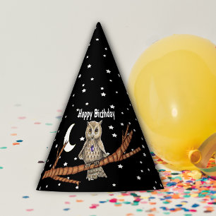 Pretty Owl Gold eyes Purple Crystal Moon Stars Party Hat