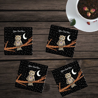 Pretty Owl Golden Eyes Crystal Necklace Moon Stars Coaster Set