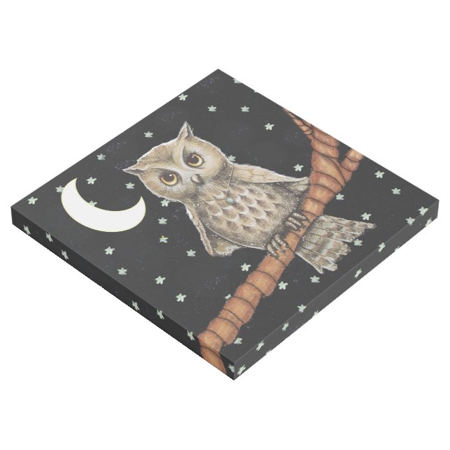 Pretty Owl Golden Eyes on Branch Moon Stars Black Gallery Wrap (3/4)