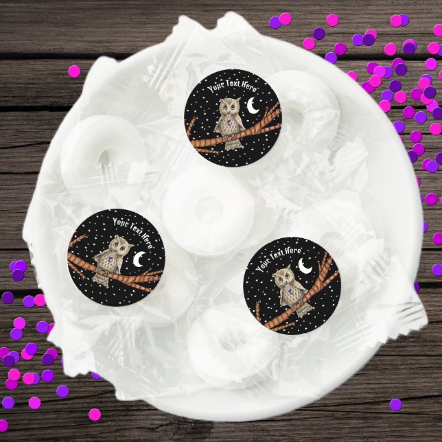 Pretty Owl Purple Necklace Moon Stars Black Sky Life Saver® Mints (Brown owl on tree branch moon stars purple necklace in black night sky on mint candy favors.)