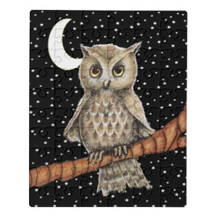 Pretty Owl Wearing Blue Necklace on Branch Stars Jigsaw Puzzle