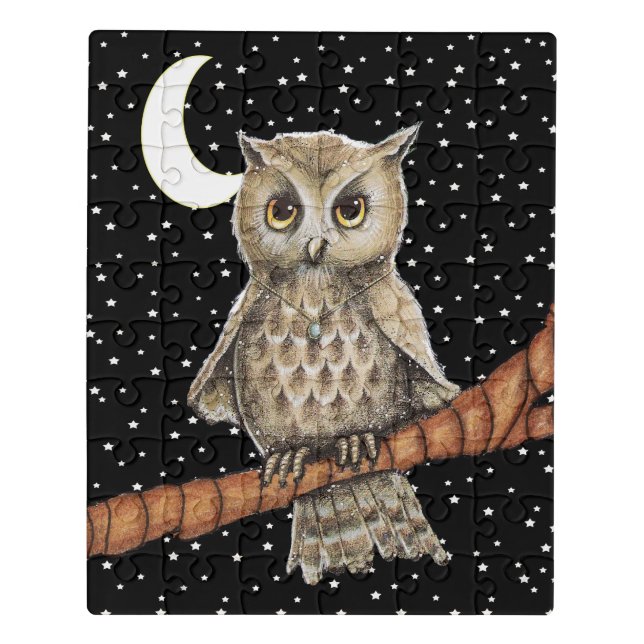 Pretty Owl Wearing Blue Necklace on Branch Stars Jigsaw Puzzle (Puzzle Vertical)