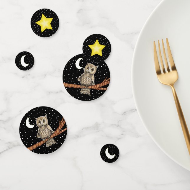 Pretty Owl Wearing Necklace on Black Stars Moon Confetti (Group)