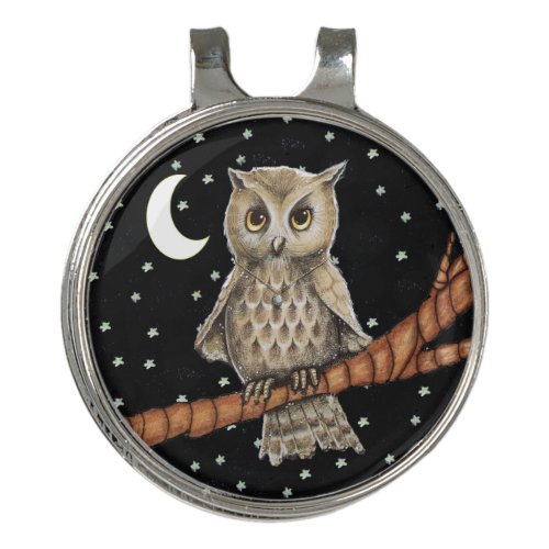 Pretty Owl With Blue Necklace on Tree Branch Stars Golf Hat Clip