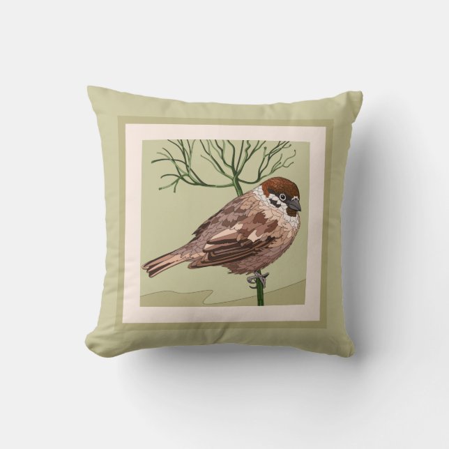 Pretty Painted Bird (Carolina Wren) on Taupe Throw Pillow (Front)