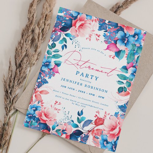 Pretty Painted Blue  Pink Floral Retirement Party Invitation