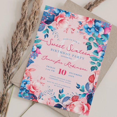 Pretty Painted Blue  Pink Floral Sweet 16 Blush Invitation