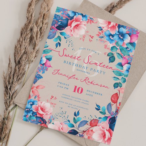 Pretty Painted Blue Pink Floral Sweet 16 Champagne Invitation