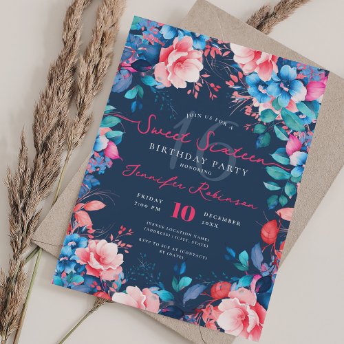 Pretty Painted Blue  Pink Floral Sweet 16 Navy Invitation