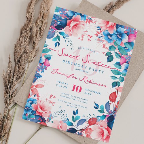 Pretty Painted Blue  Pink Floral Sweet 16 Party Invitation