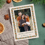 Pretty Painted Citrus Frame Christmas Photo  Holiday Card<br><div class="desc">Send stylish, beautiful holiday greetings to your family and friends with this elegant Christmas photo card. It features a hand painted citrus frame, containing oranges, leaves, and pine sprigs. The back contains more text templates for further personalization. The background colors, shown in off white and dark olive green, can be...</div>