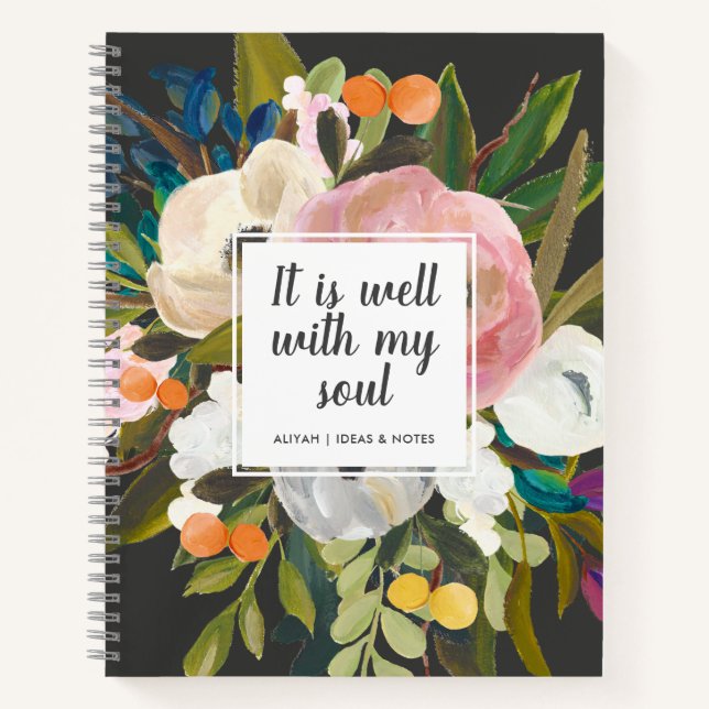 Pretty Painted Floral | It is Well Saying | Black Notebook (Front)
