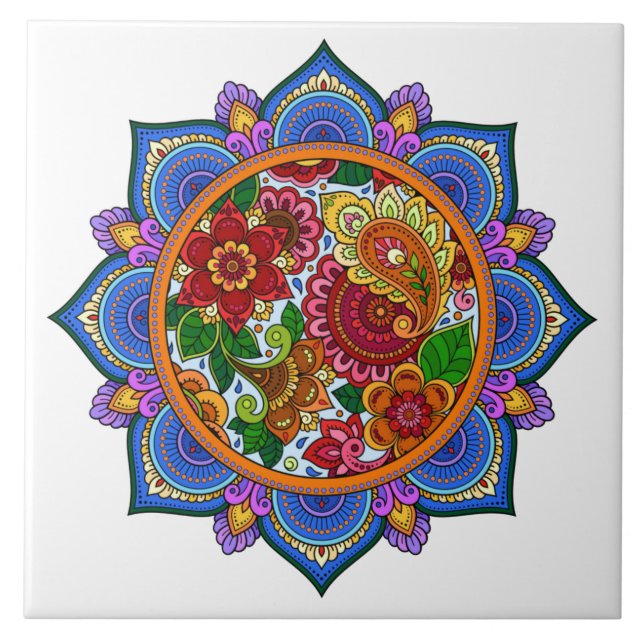 Pretty Painted Floral Mandala Ceramic Tile (Front)